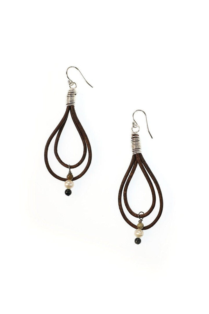 Handmade Leather Pearl & Stone Teardrop Earrings
