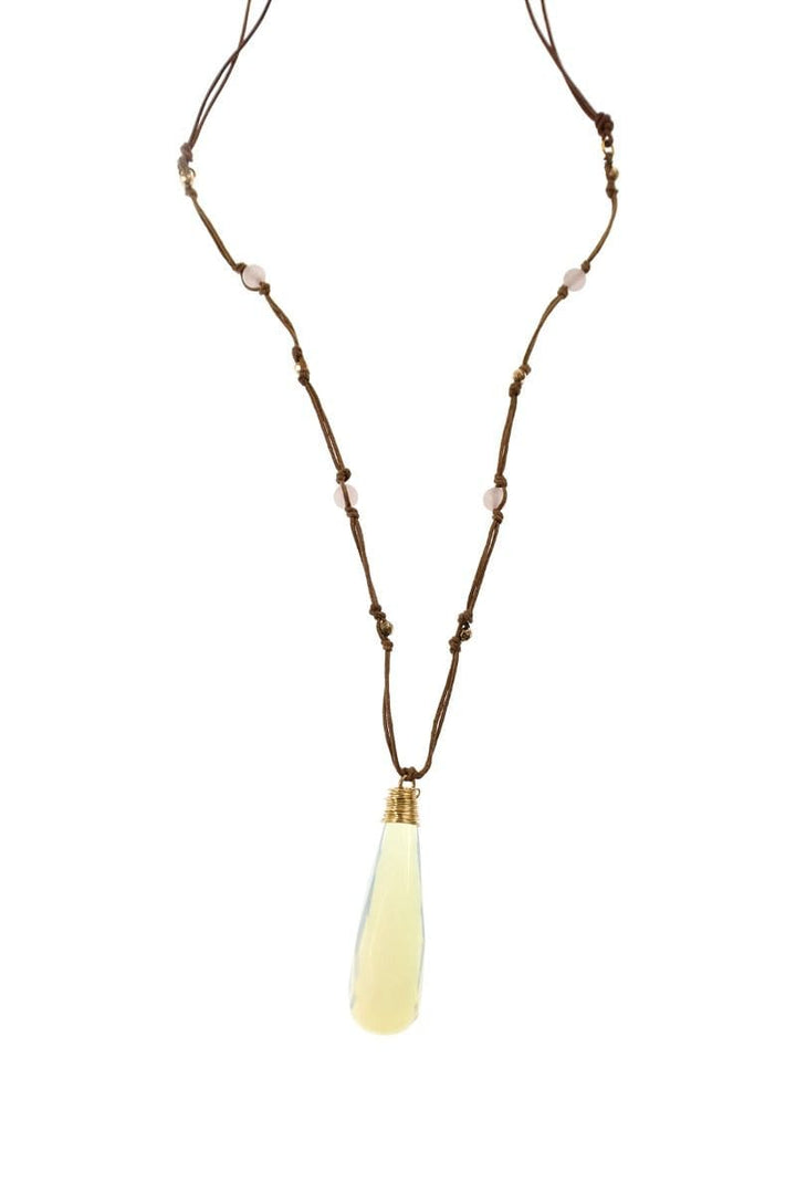 Handmade Long Leather Cord Necklace with Opalite Stone Pendant