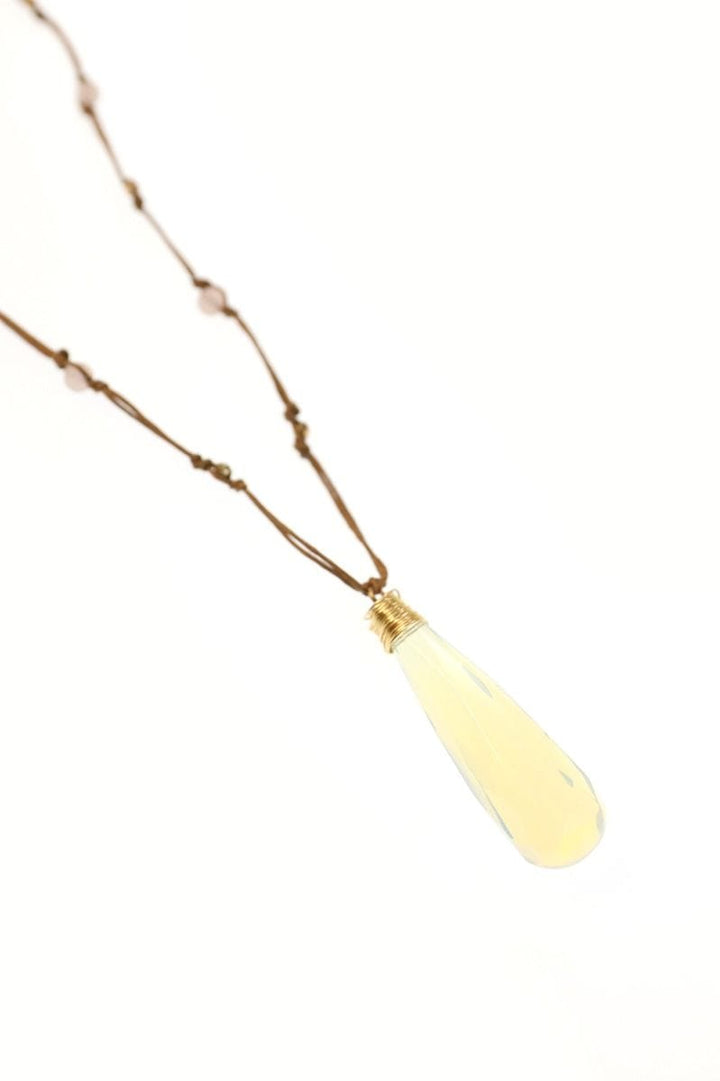 Handmade Long Leather Cord Necklace with Opalite Stone Pendant