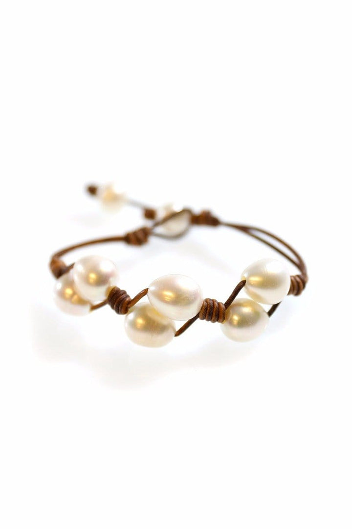 Handmade Six White Pearl Leather Bracelet