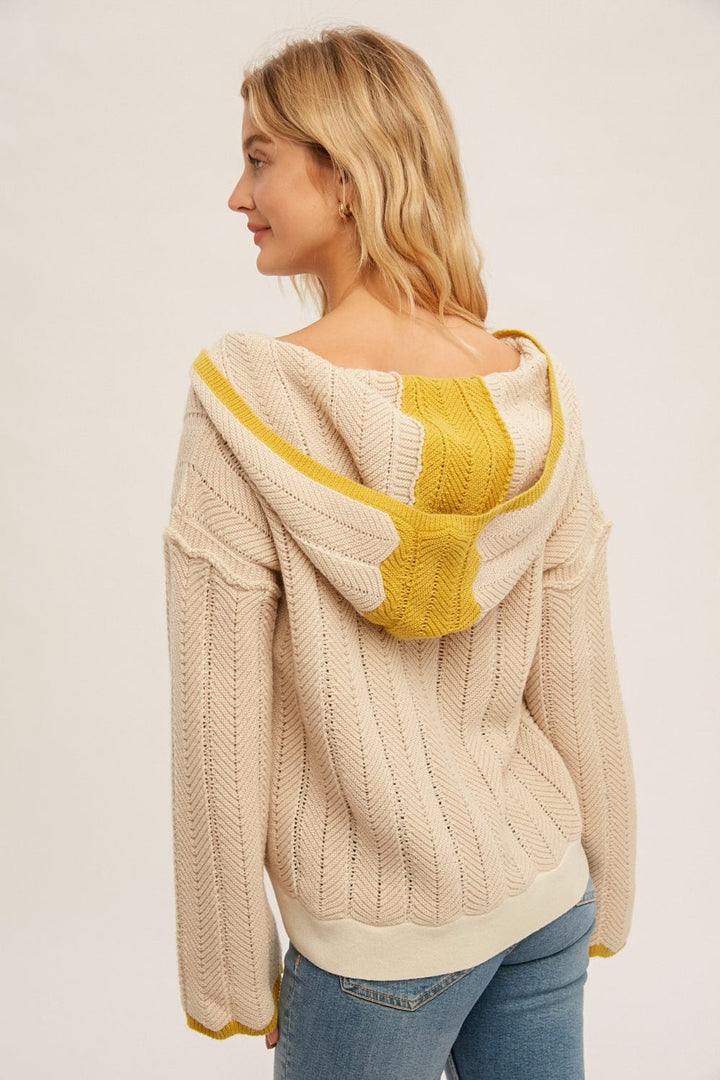 Hem & Thread Color Block Button Up Textured Sweater Crop Hoodie