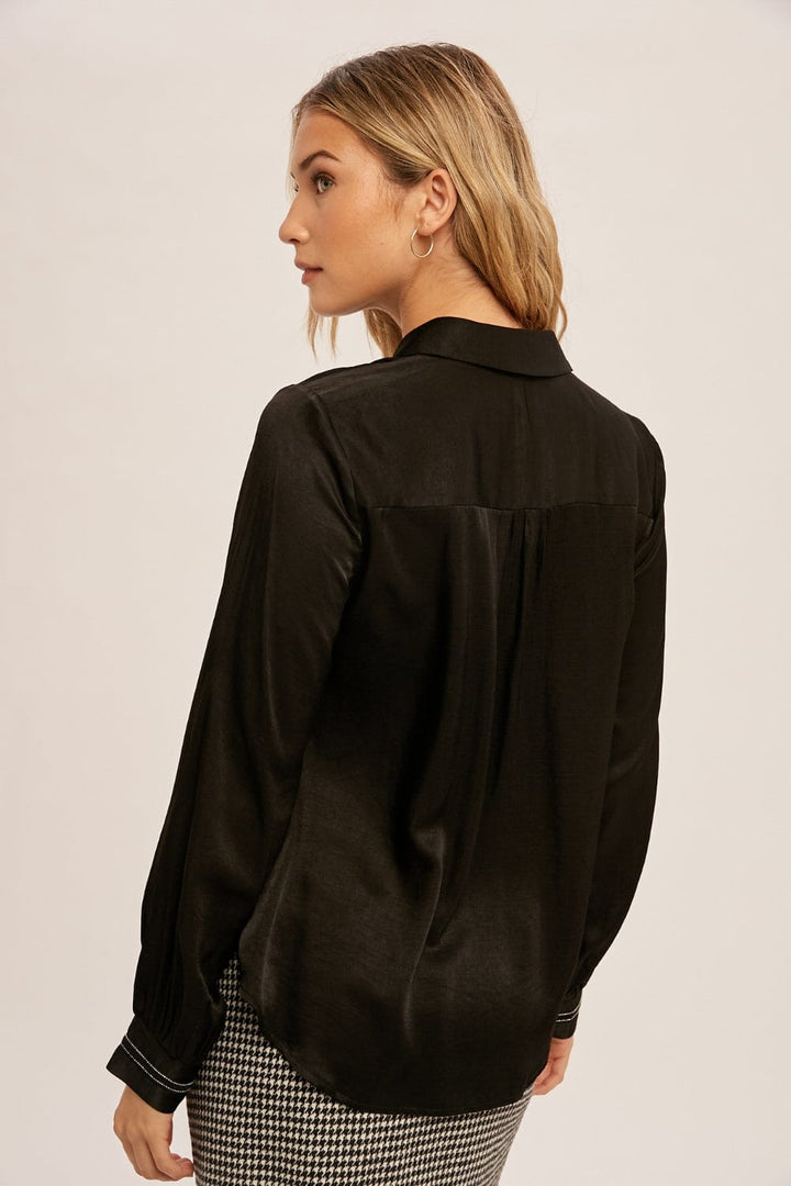 Hem & Thread Embellished Detail Sleeve Soft Satin Button Down Blouse Top