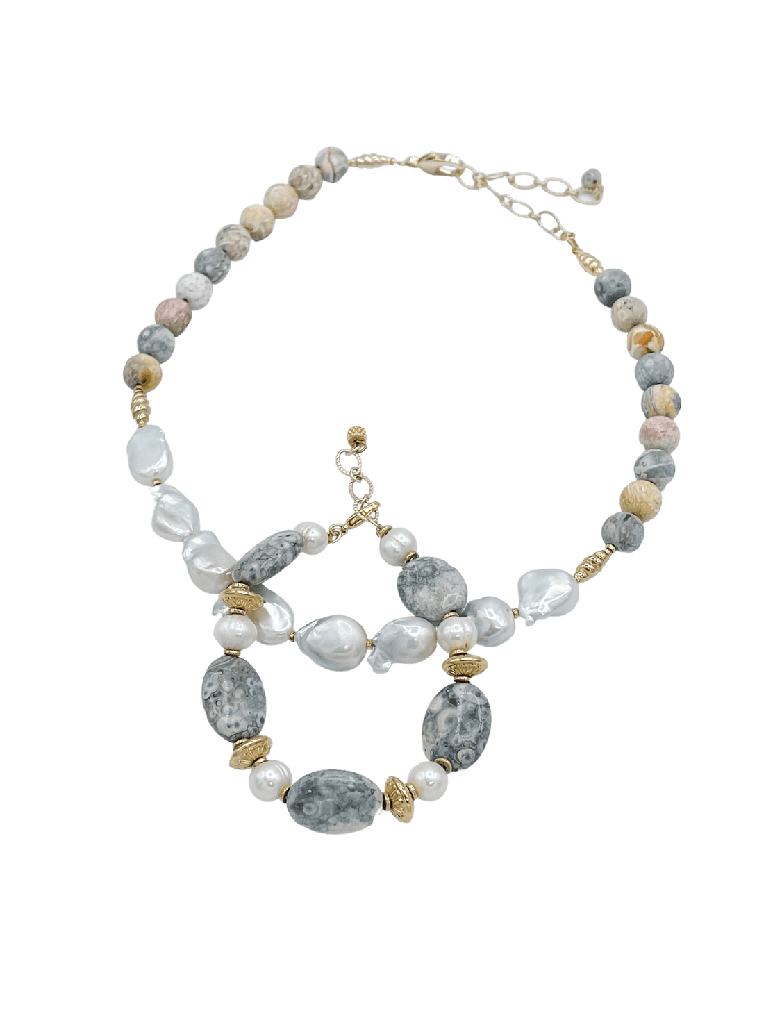 Instant Classic Pearl and Natural Jasper Stones Necklace