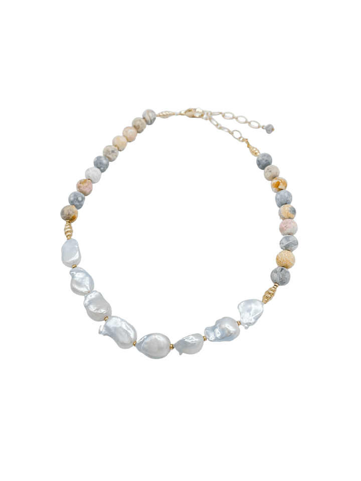 Instant Classic Pearl and Natural Jasper Stones Necklace with Removeable Crystal Slice Pendant