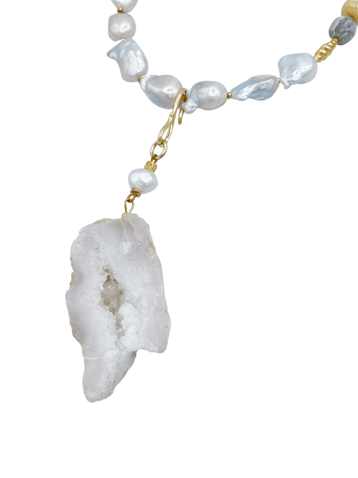 Instant Classic Pearl and Natural Jasper Stones Necklace with Removeable Crystal Slice Pendant