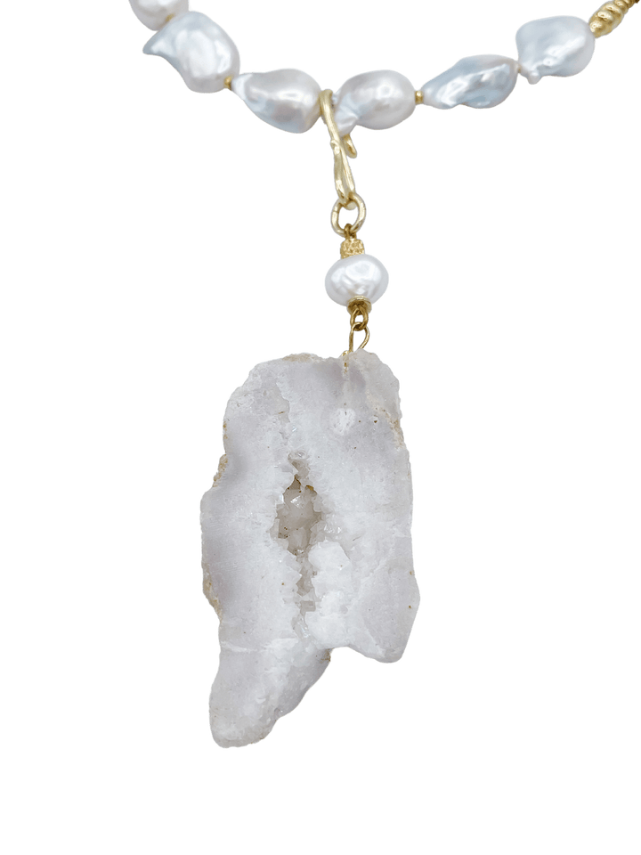 Instant Classic Pearl and Natural Jasper Stones Necklace with Removeable Crystal Slice Pendant