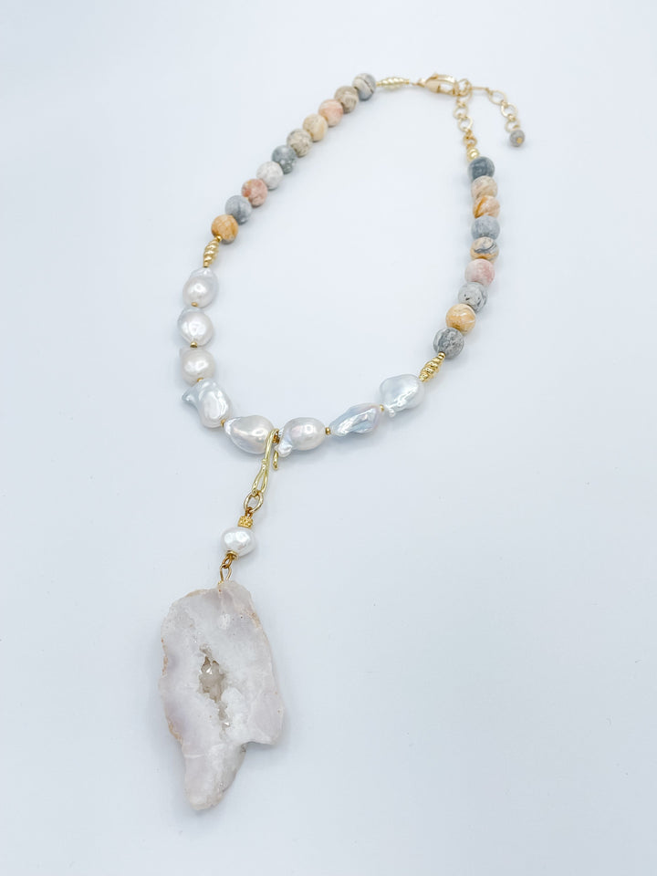 Instant Classic Pearl and Natural Jasper Stones Necklace with Removeable Crystal Slice Pendant