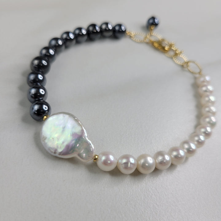 Iridescent Mercury Bracelet Handmade with Freshwater Pearls and Vintage Beads