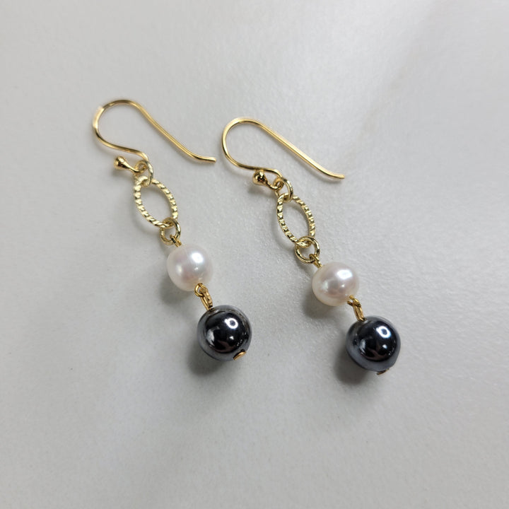 Handmade Earrings with Freshwater Pearls and Gunmetal Vintage Beads