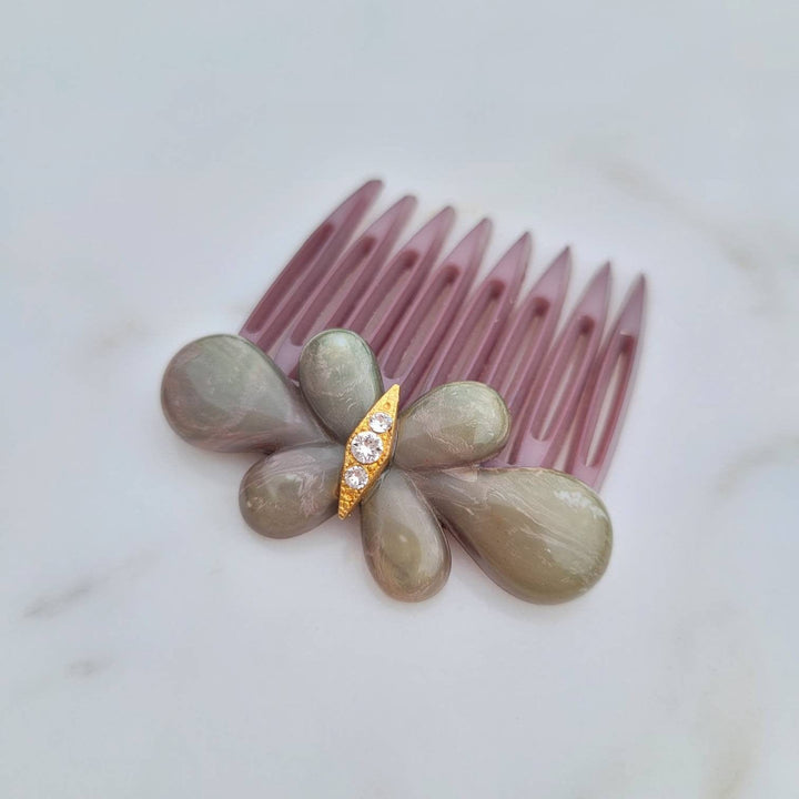 Italian Vintage Bakelite Flower Swarovski Crystals Hair Comb