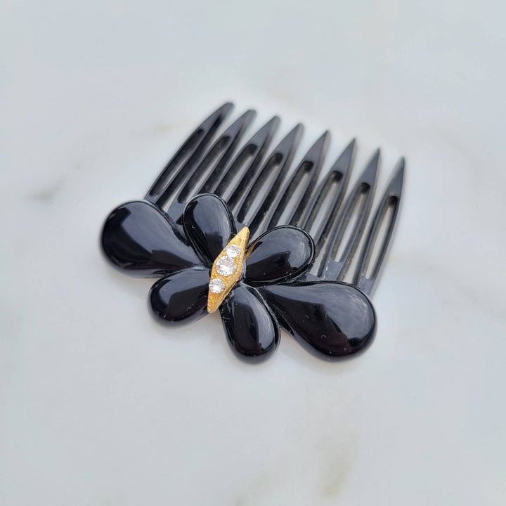 Italian Vintage Bakelite Flower Swarovski Crystals Hair Comb