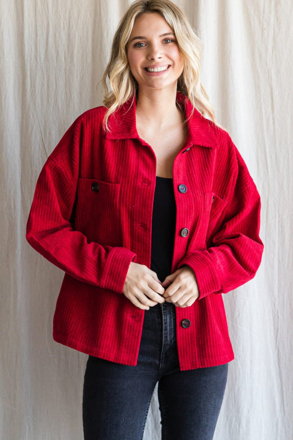 Jodifl Corduroy Jacket with Collared Neckline, Long Sleeves, Wood Buttons