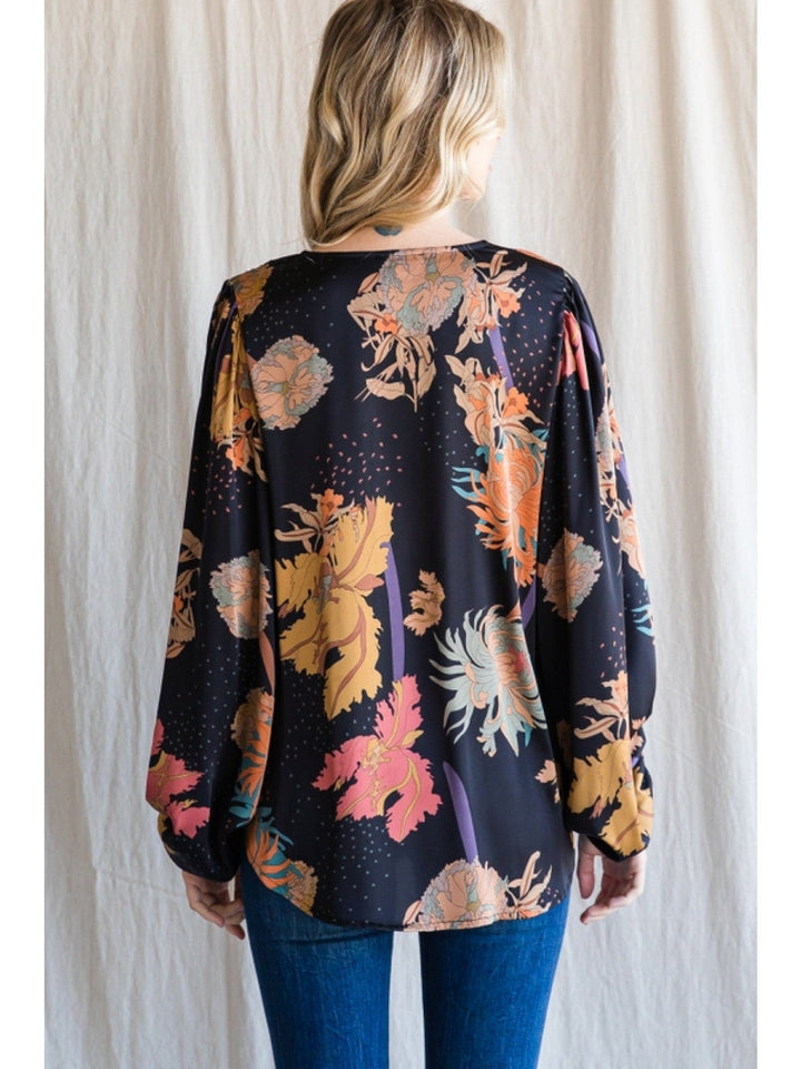 Jodifl Floral Print Satin Top with Long Bubble Sleeves