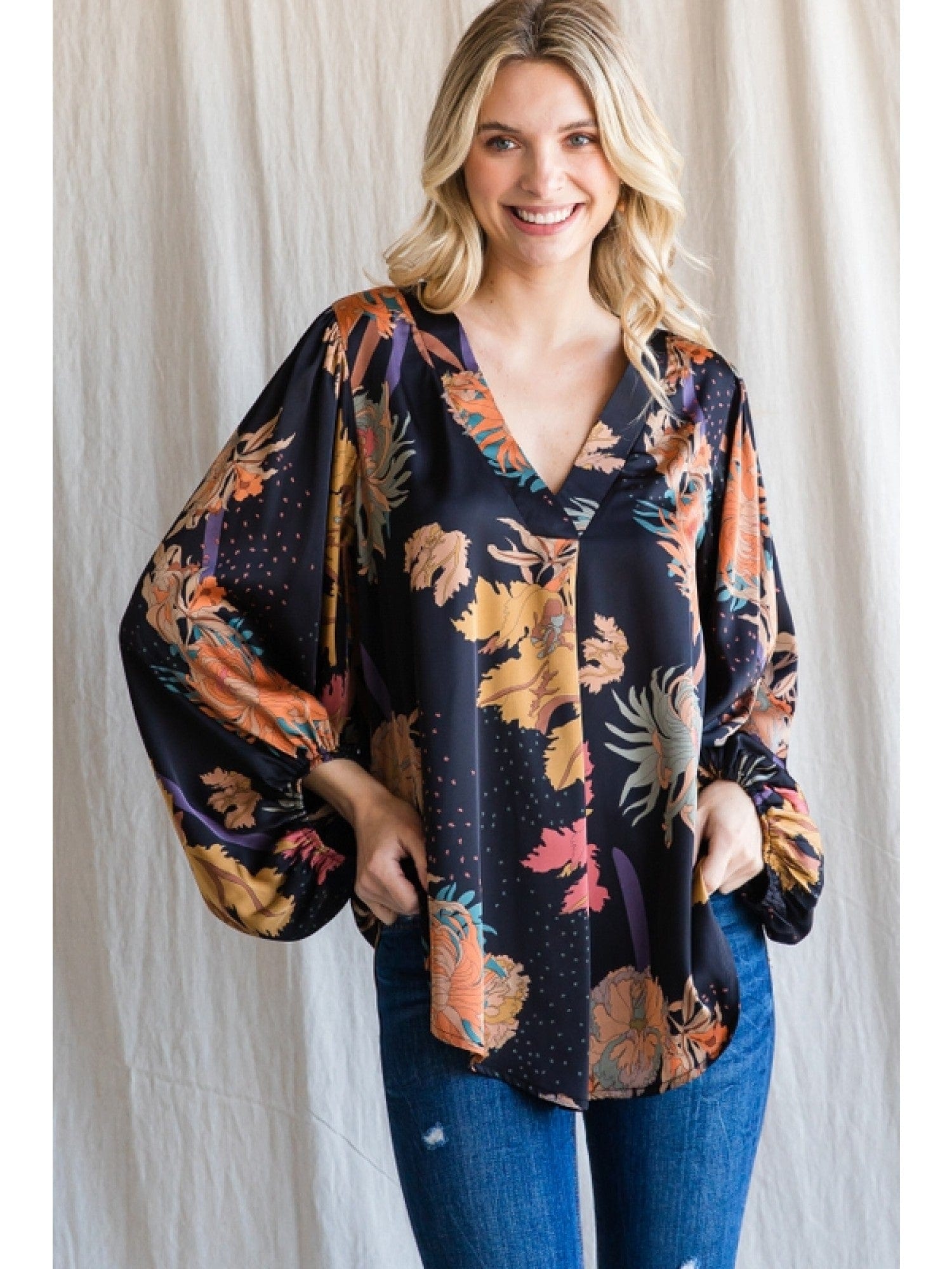 Jodifl Floral Print Satin Top with Long Bubble Sleeves – jfybrand