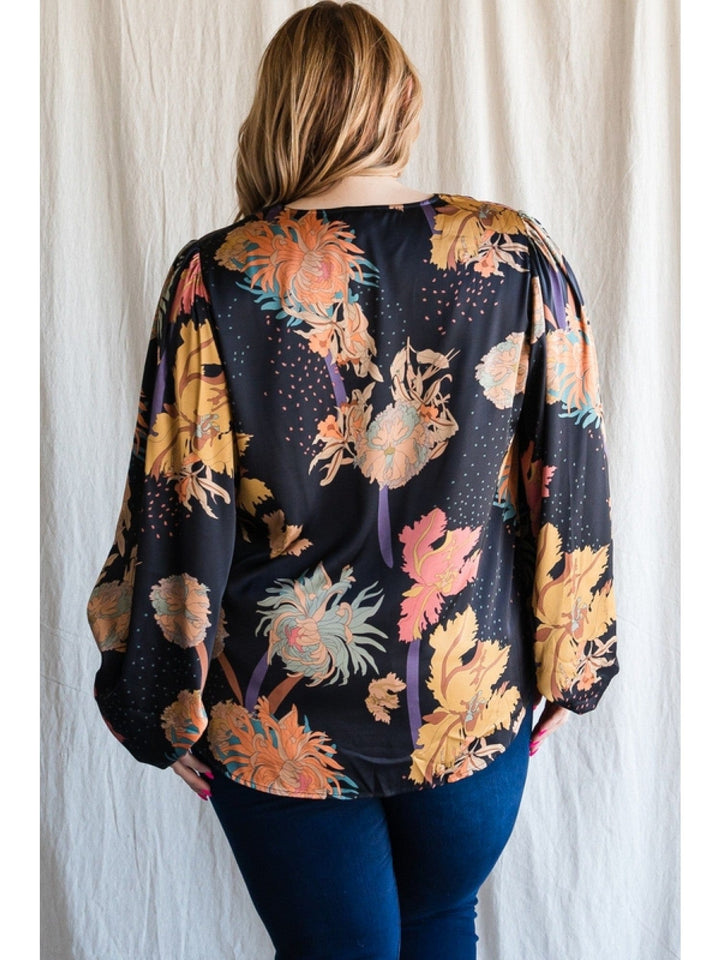 Jodifl Floral Print Satin Top with Long Bubble Sleeves