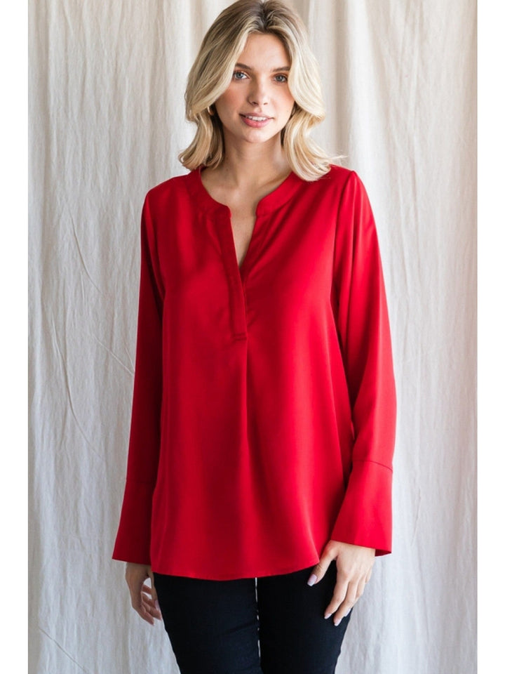 Jodifl Lightweight Solid Satin Top with Long Bell Sleeves