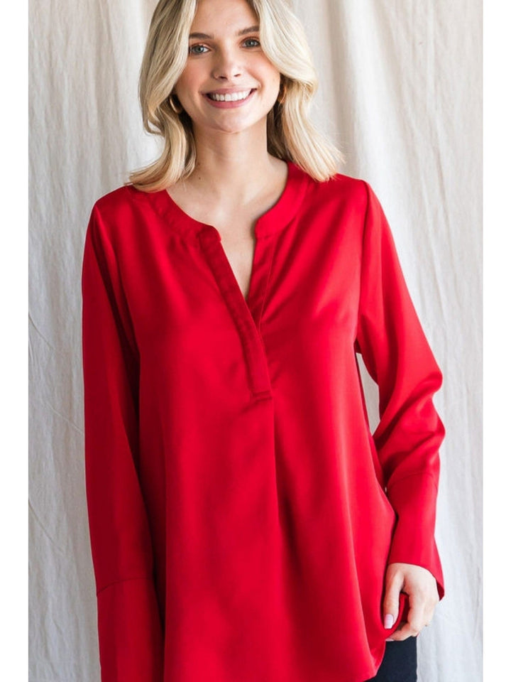 Jodifl Lightweight Solid Satin Top with Long Bell Sleeves