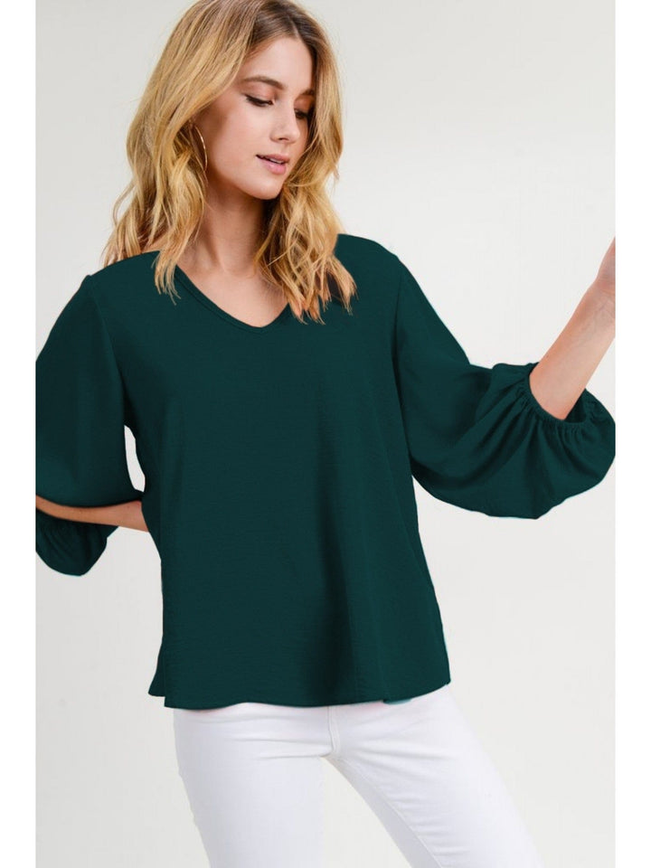 Jodifl Solid Light Weight Top with Wide V-Neckline and 3/4 Draped Bubble Sleeves