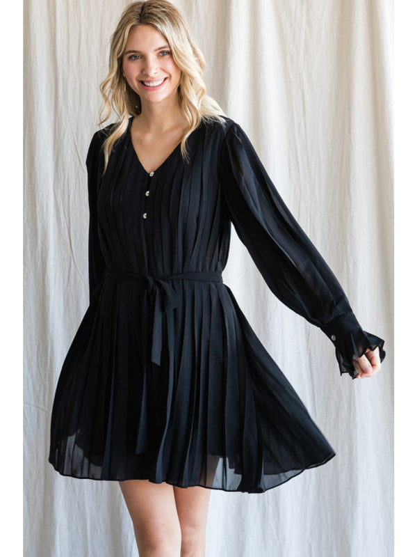 Jodifl Solid Pleated Dress with Buttoned V-Neck and Long Poet Sleeves