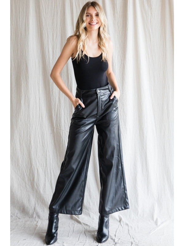 Jodifl Solid Pleather Wide Leg Pants with Button Zipper Closure and Pockets