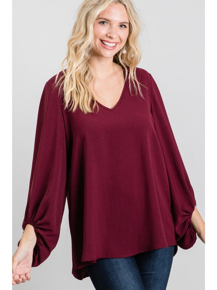 Jodifl Solid Top with Wide V-Neckline and 3/4 Draped Bubble Sleeves