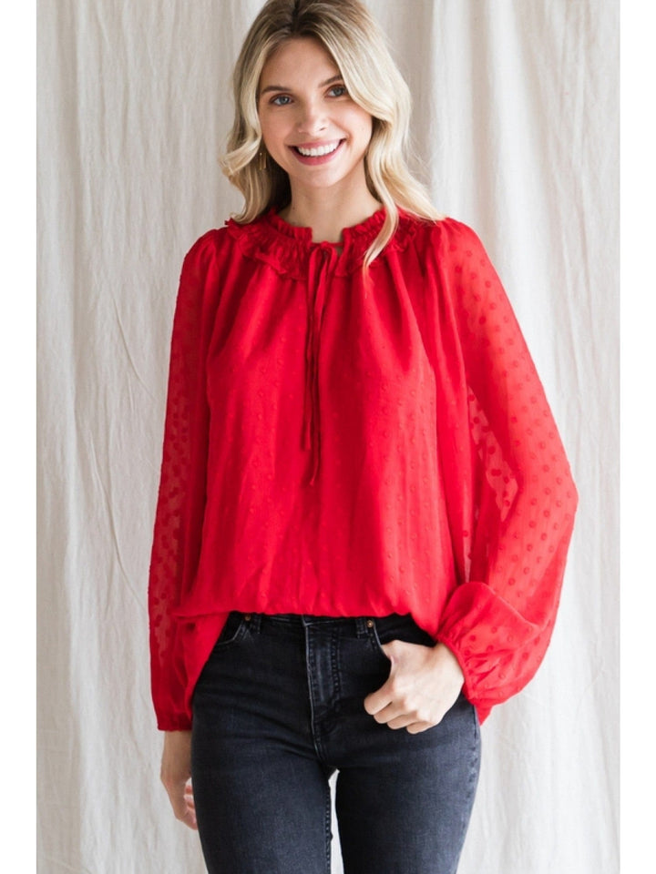 Jodifl Swiss Dot Pattern Top with Self Tie Neckline and Long Bubble Sleeves