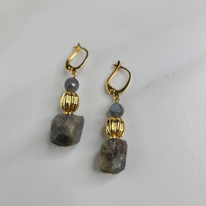 Johona Earrings Handmade with Natural Labradorite Stone and Vintage Gold Beads