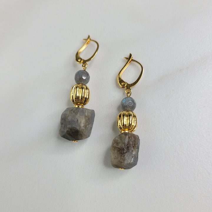 Johona Earrings Handmade with Natural Labradorite Stone and Vintage Gold Beads