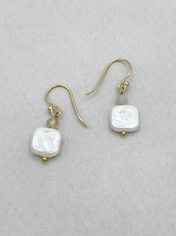 Joy Earrings with Small Square Pearl and Faceted Bead