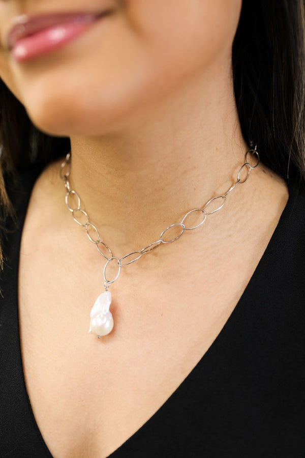 Juliet Sterling Silver Necklace with Striking Oval Chain and Large Baroque Freshwater Pearl