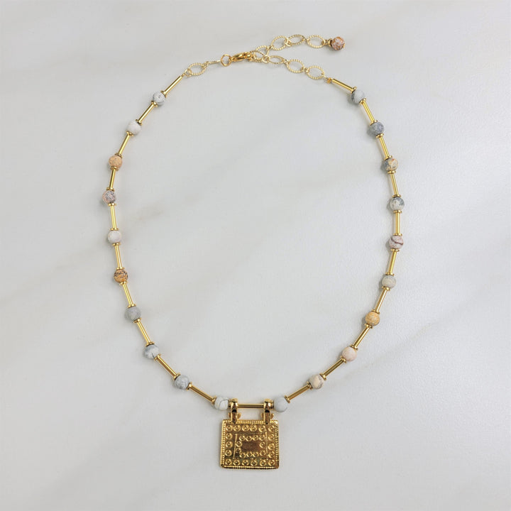 Juniper Sky Eye Jasper and Vintage Gold Plated Centerpiece Necklace