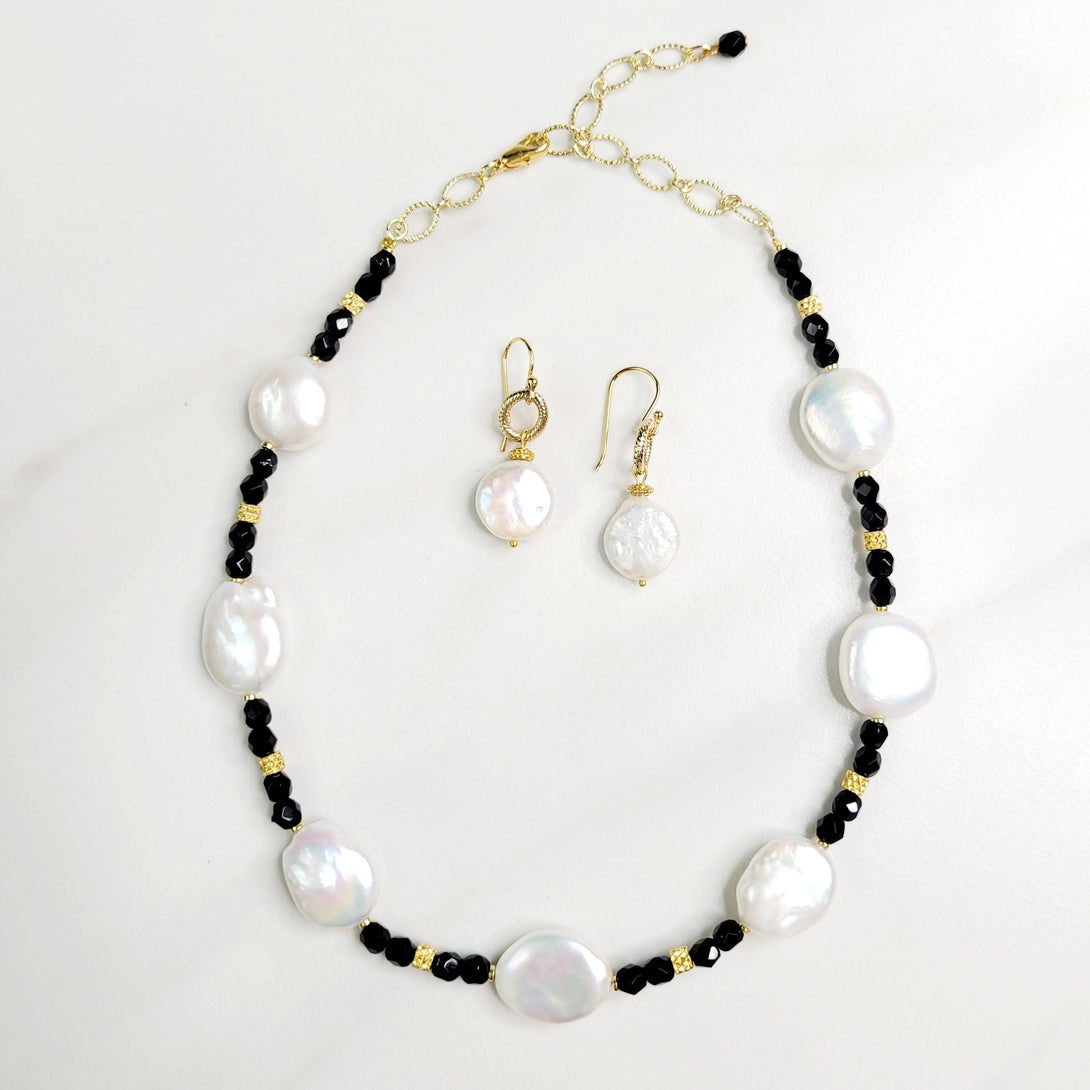 Kallista Freshwater Pearl Necklace with Black and Gold Plated Beads