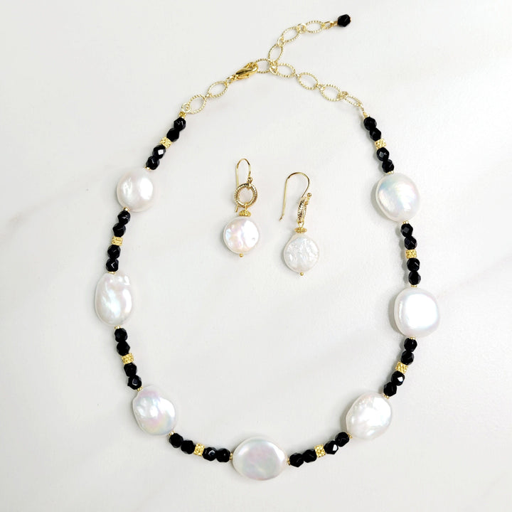 Kallista Freshwater Pearl Necklace with Black and Gold Plated Beads