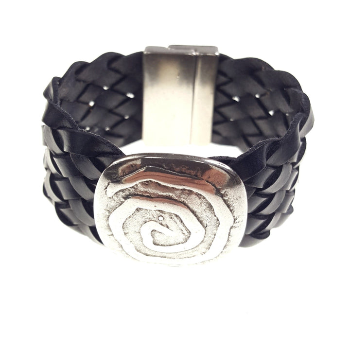 Large Braided Leather Bracelet with Swirl Pendant