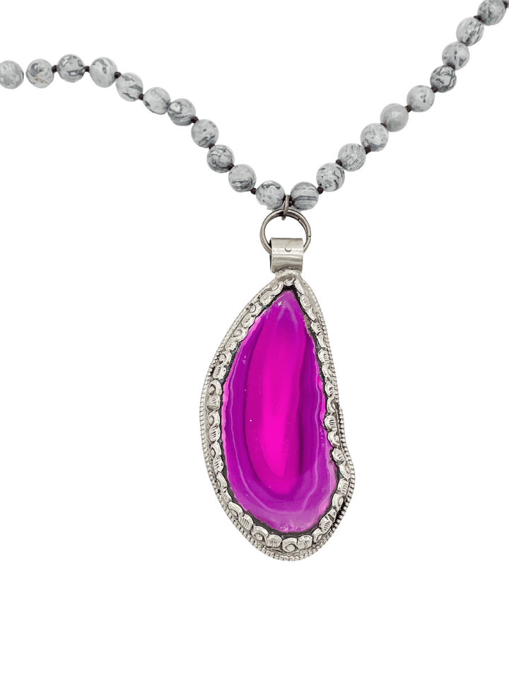 Large Purple Stone Slice Pendant on Grey Beaded Necklace