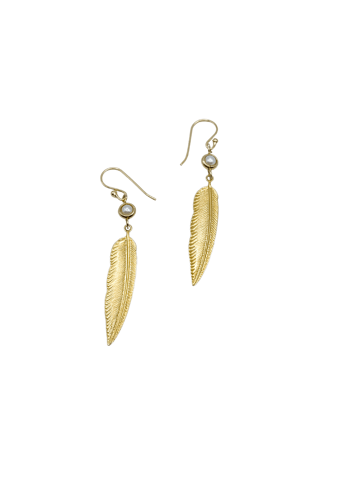 Lark Handmade Earrings with Feather and Small Pearl