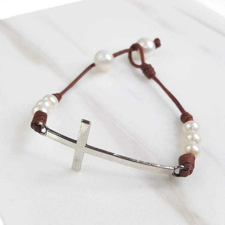 Leather and Mini Pearl Cross Bracelet with Pearl Closure