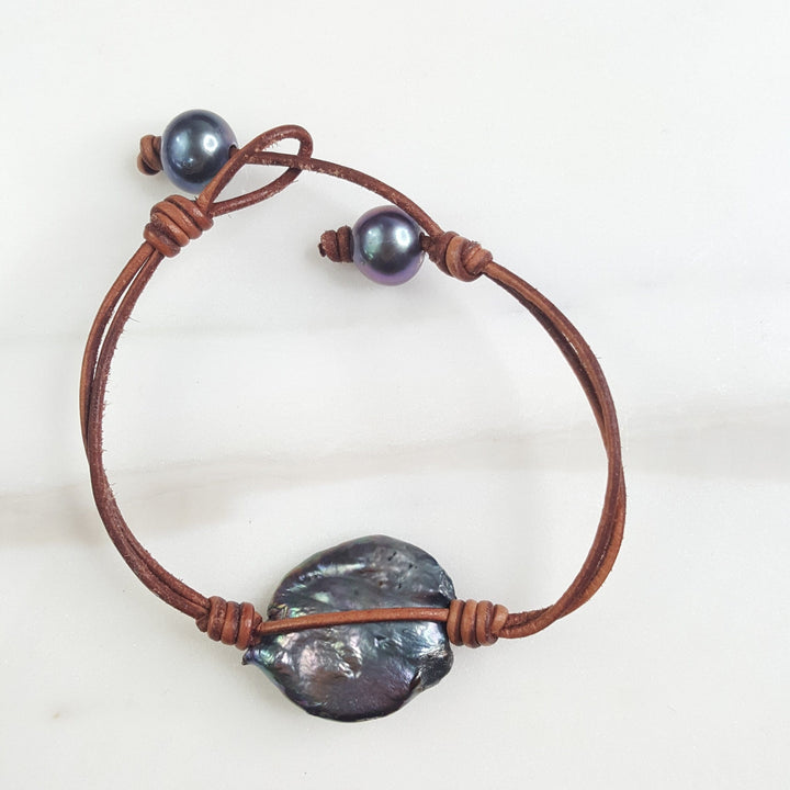 Leather Bracelet with Flat Biwa Pearl