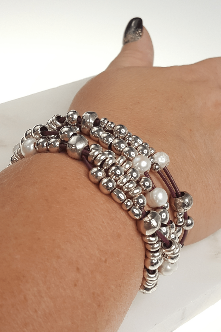Leather Bracelet With Silver Beads and Pearls