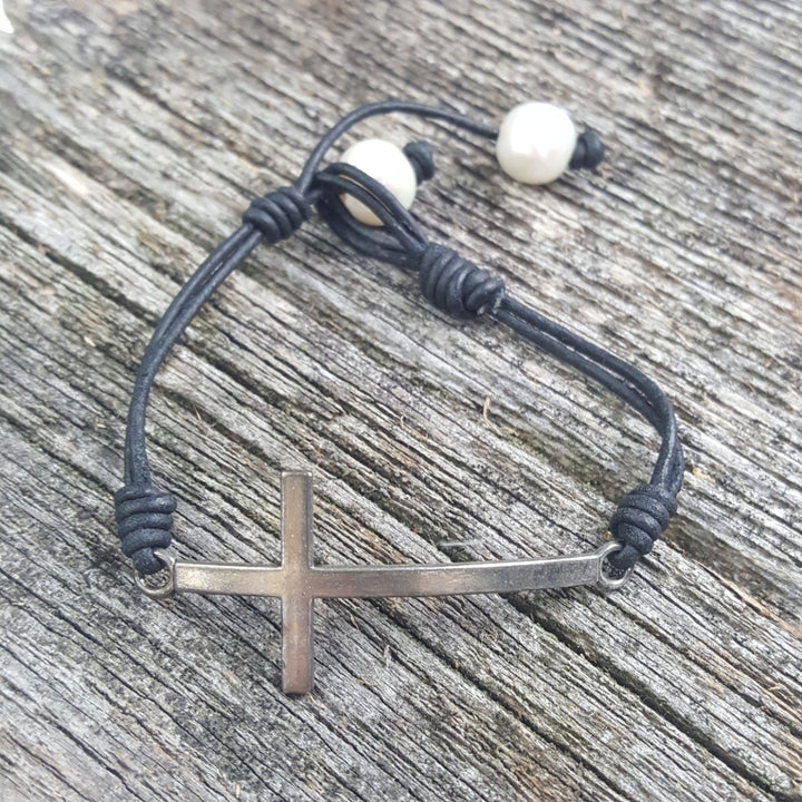 Leather Bracelet with Silver Cross and Pearls