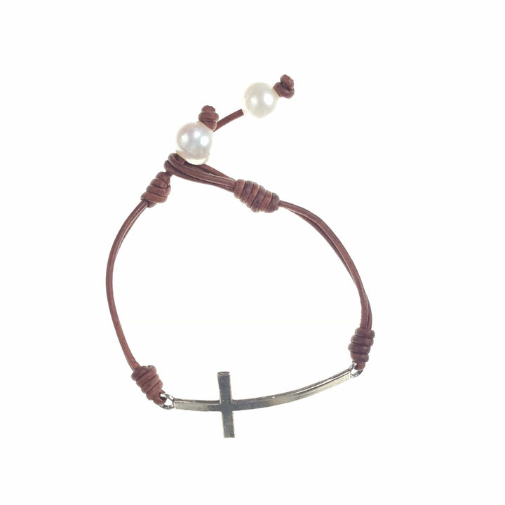Leather Bracelet with Silver Cross and Pearls