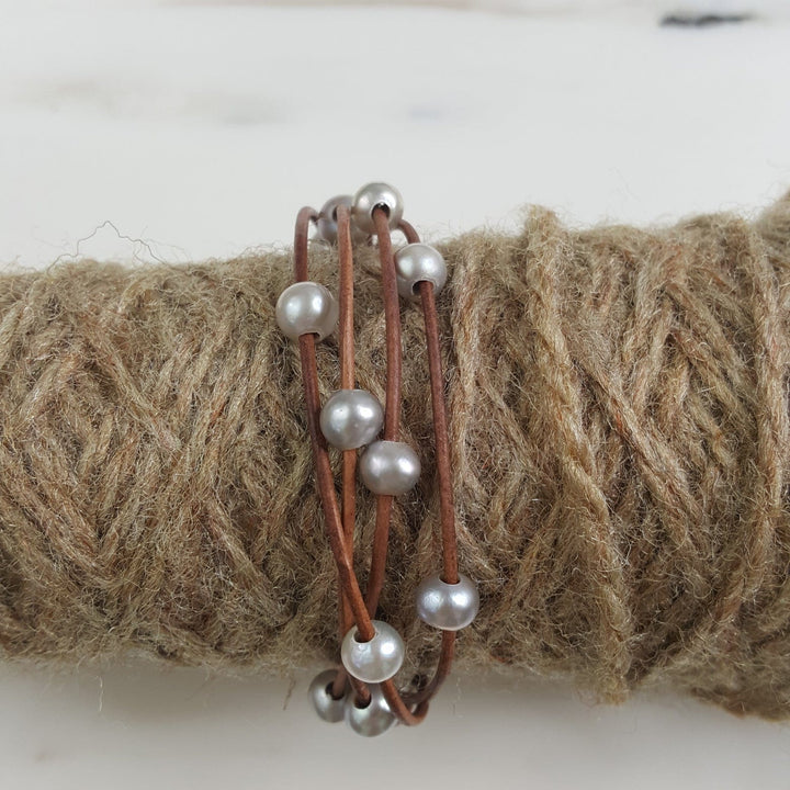 Leather Bracelet With Spaced  Freshwater Pearls