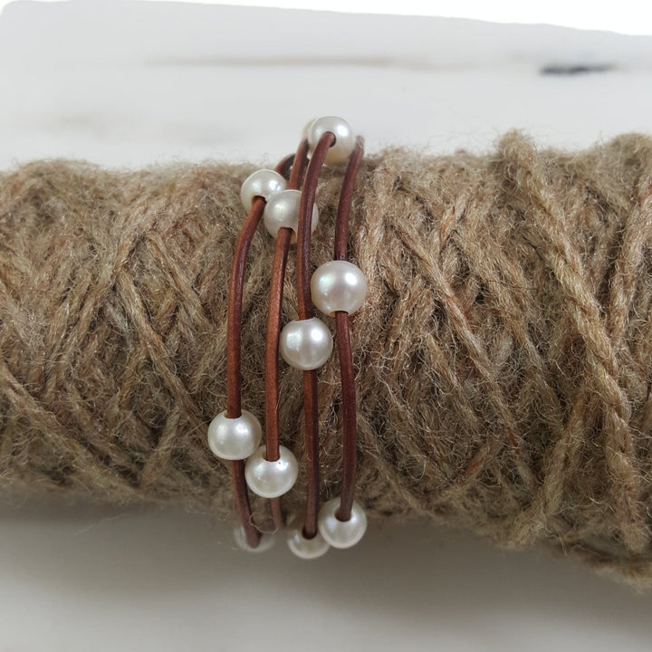 Leather Bracelet With Spaced  Freshwater Pearls