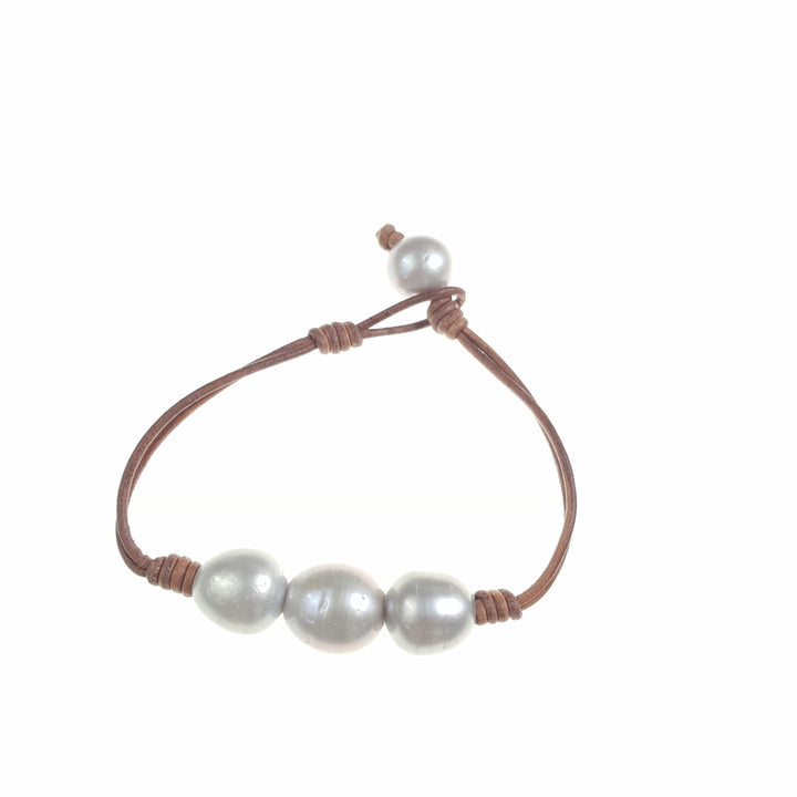 Leather Bracelet with Three Large Pearls