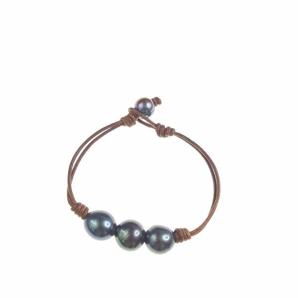 Leather Bracelet with Three Large Pearls