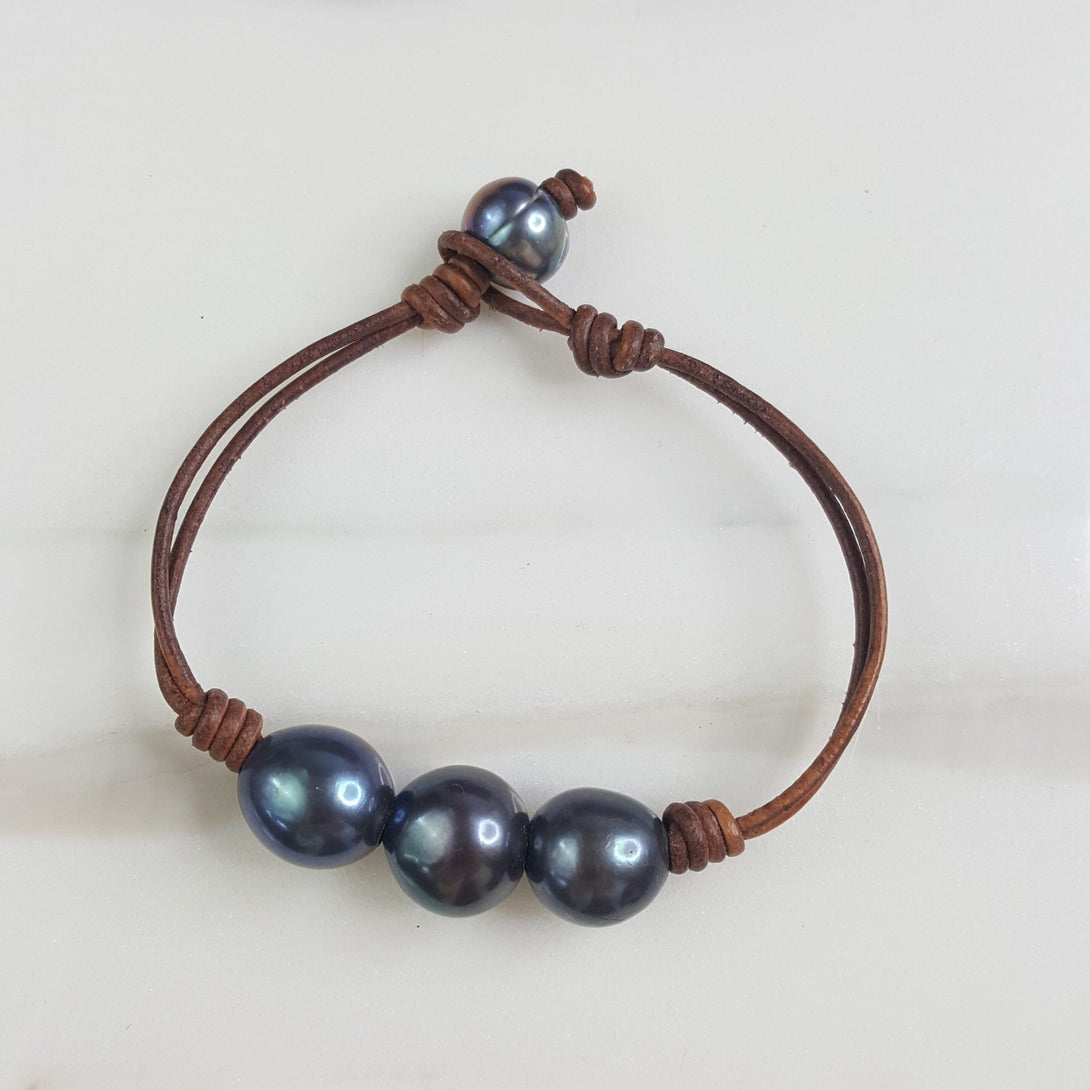 Leather Bracelet with Three Large Pearls
