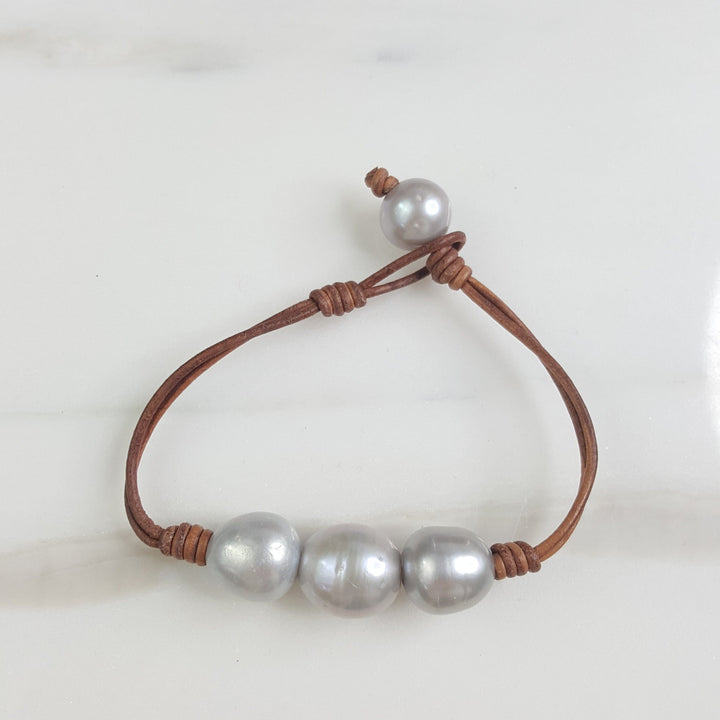 Leather Bracelet with Three Large Pearls