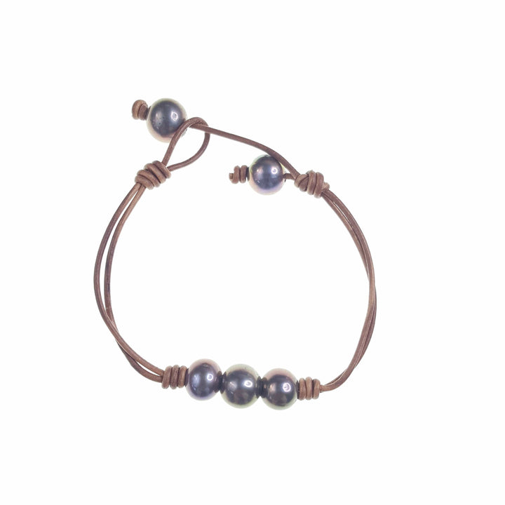Leather Bracelet with Three Pearls