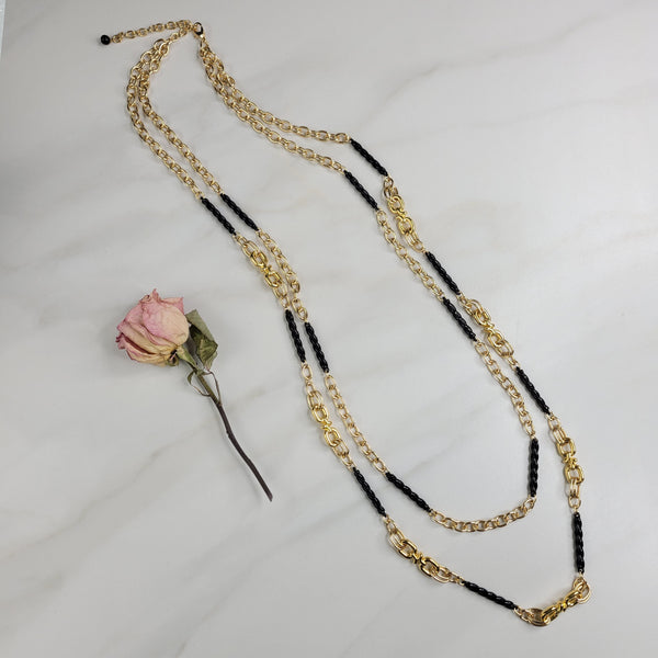 Handmade Double Strand Necklace with Vintage Gold and Black Connectors on Gold Plated Chain
