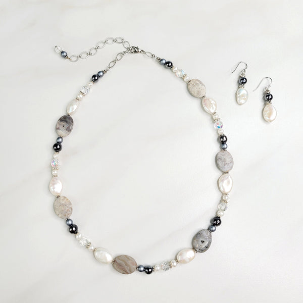 Levina Sparkling Necklace with Jasper Stone, Vintage Beads and Freshwater Pearls